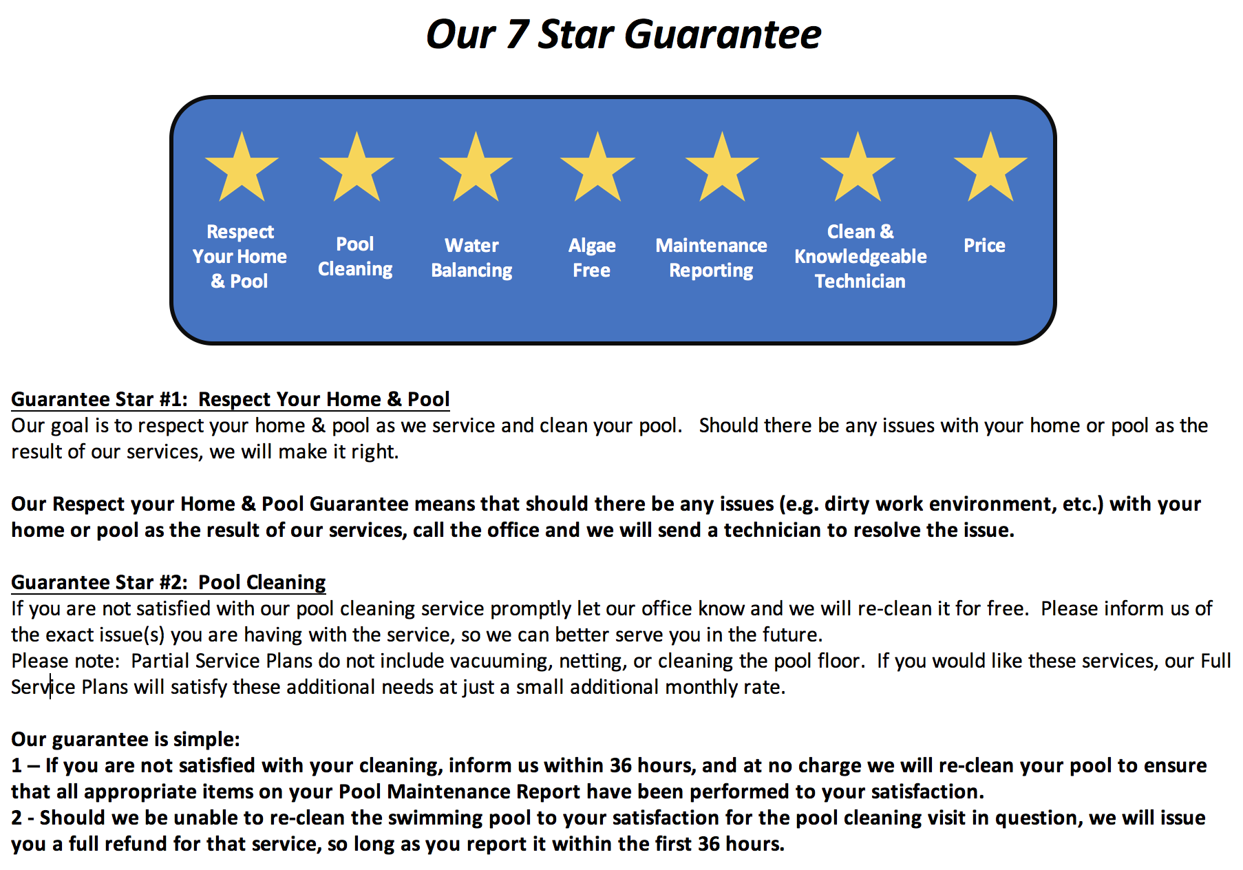 7 Star Bartoncreek Pool Service Guarantee