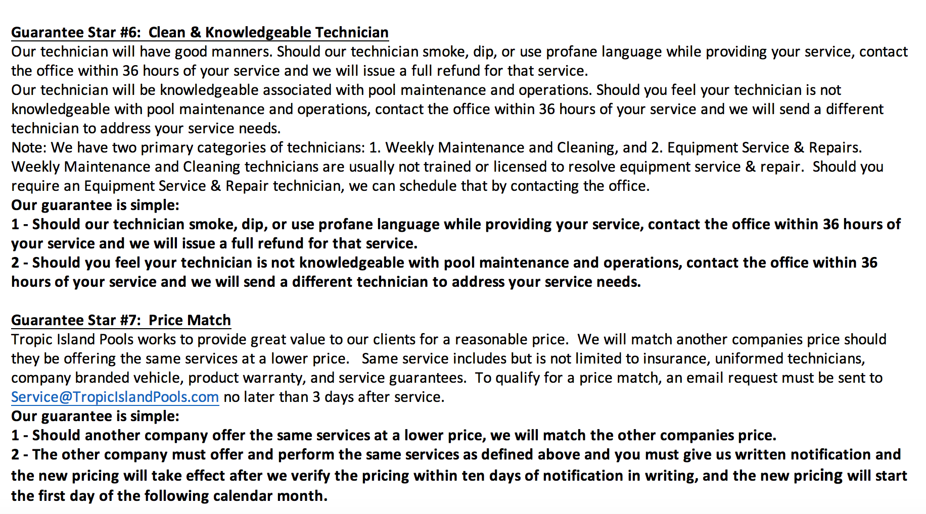 7 Star Bartoncreek Pool Service Guarantee